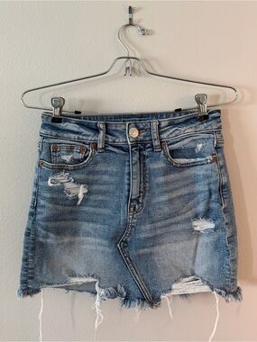 American Eagle Outfitters Light Blue Distressed Denim Mini Skirt